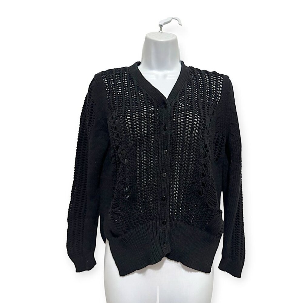 Olivaceous Cotton Cardigan with Open weave, Black, Size L